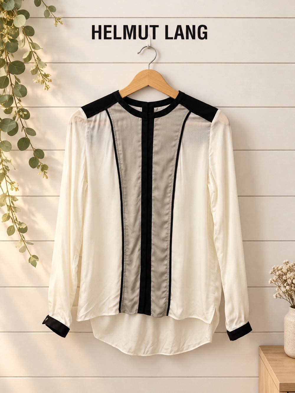 HELMUT LANG – Ivory & Black Colorblock Blouse – Size P